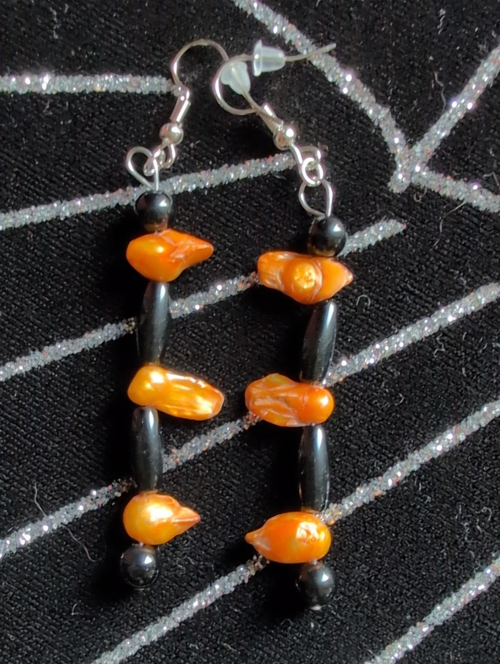 Handcrafted Orange blister Pearls and Black Onyx Beaded Earrings